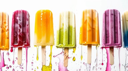  Colorful popsicles arranged on a white background in a closeup view. Colorful summer ice cream...