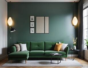 cozy modern living room with green couch and wall