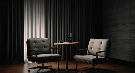 Fototapeta premium Two chairs and microphones in podcast or interview room isolated on dark background Generative Ai