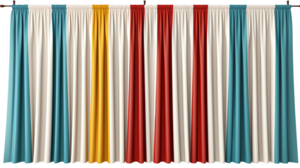 Colorful curtains in vibrant hues of blue, red, yellow, and white create a lively backdrop, ideal for interior design concepts and home decor inspiration.