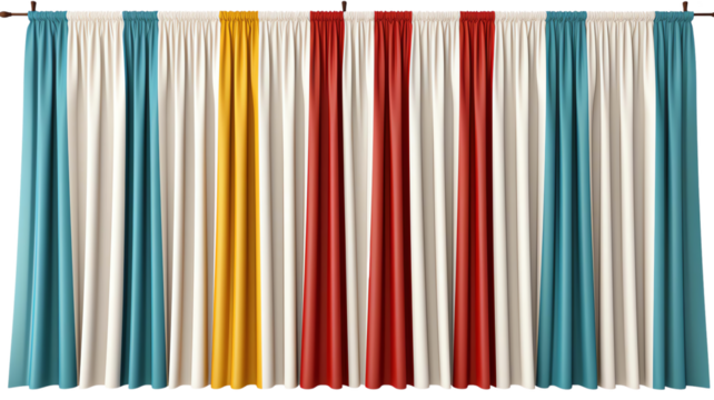 Colorful curtains in vibrant hues of blue, red, yellow, and white create a lively backdrop, ideal for interior design concepts and home decor inspiration.