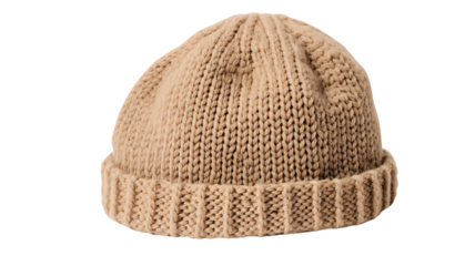 Cozy, beige wool knit beanie hat with a rolled-up brim, perfect for winter fashion and keeping warm in cold weather.