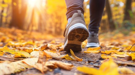 Close-up of hiker's shoes walking on a path covered with colorful autumn leaves in a forest