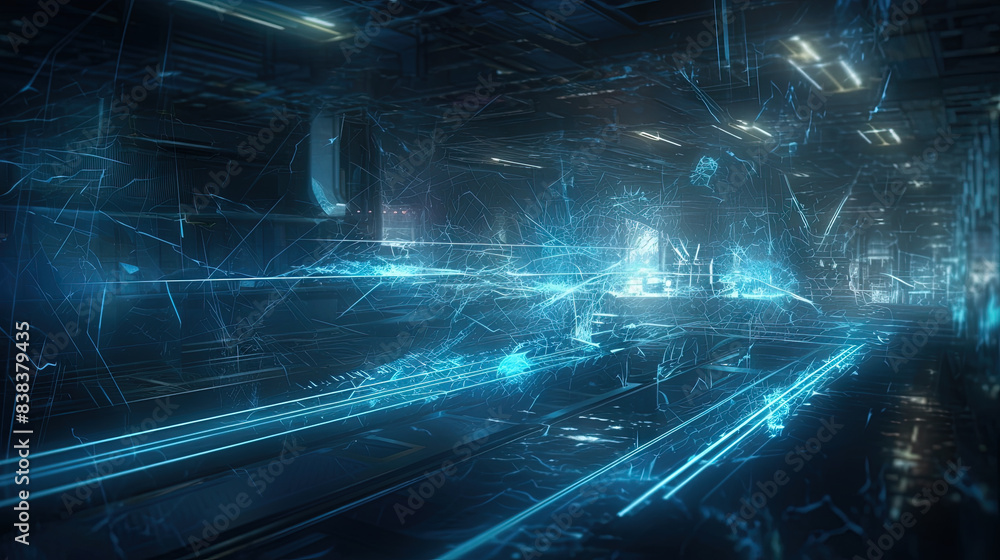 Poster Abstract technology burst with glowing wires and particles in motion. Technology and science dynamic background.