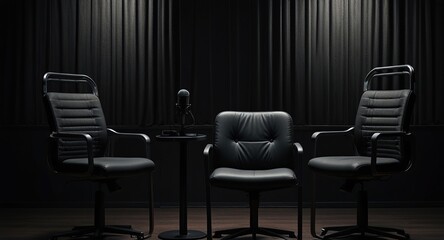 Two chairs and microphones in podcast or interview room isolated on dark background Generative Ai