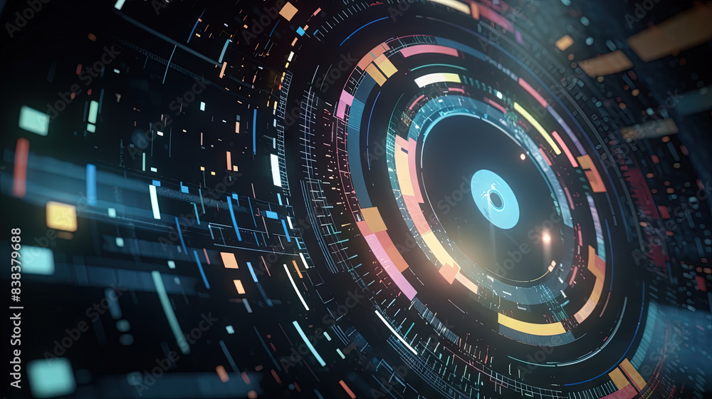 Poster Technology abstract background with hud styled round interface elements in neon tech light.