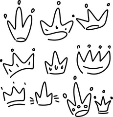Set of hand drawn crowns. Set of doodle style crowns. Vector illustration