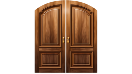 Elegant wooden double doors with ornate details, perfect for architectural design and interior decor projects. Isolated on white background.