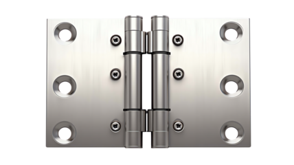 High-quality close-up of a stainless steel door hinge with screws on a white background. Perfect for construction and hardware design projects.