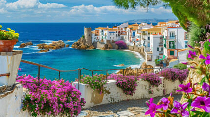 
Seaside town in Spain with flowers, fences and ocean in the background 