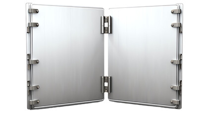 Industrial metal double doors with secure hinges and a sleek modern design, perfect for factories, warehouses, or large commercial spaces.