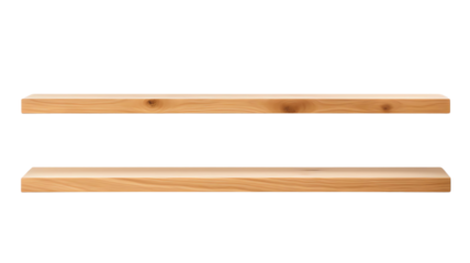 Minimalist wooden floating shelves isolated on a white background, ideal for home decor and storage solutions in modern interiors.