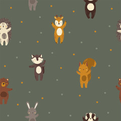 Seamless pattern. Vector illustration with forest animals. Raccoon. Baby animals. Large set for clipart. Set of animals in cartoon style on a white background.