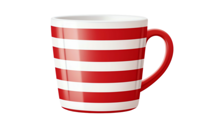 Red and white striped ceramic mug with handle isolated on white background. Ideal for coffee, tea, and other hot beverages.