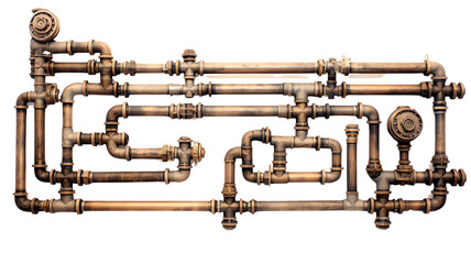 Rustic industrial pipes arranged in an intricate maze, showcasing an example of complex plumbing and mechanical design.