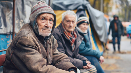 Fototapeta premium Group of elderly people sitting in refugee camp wearing warm clothing. Somber expressions reflect hardships and resilience