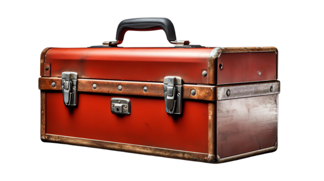 Vintage metal toolbox with a red finish and sturdy handle. Perfect for storing tools, hardware, and equipment. Retro industrial design.