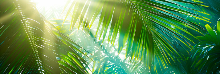 Obraz premium Blurred banner background with sunny day and palm leave