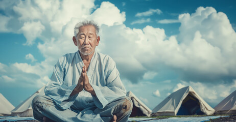 Asian man meditating in refugee camp with tents and blue sky background. Peaceful expression and serene atmosphere highlighting calm amidst chaos