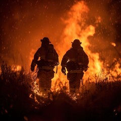 Two firefighters wearing protective suits holding water hoses, standing in front of a large fire. tense atmosphere of dramatic fire burning buildings.