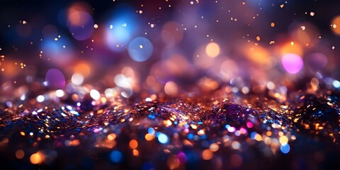 Neon bokeh particles swirling in abstract dark background with sparkles and confetti. Concept Neon Lights, Abstract Art, Sparkling Background, Bokeh Particles, Confetti Swirls