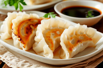 Dumplings gyoza jiaozi steamed on a white plate with soy sauce - Powered by Adobe