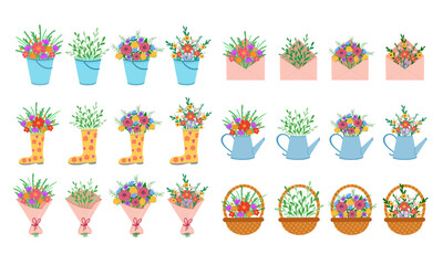 Set of different beautiful bouquets of flowers. Vector Illustration for printing, backgrounds, covers and packaging. Image can be used for cards, posters and stickers. Isolated on white background.