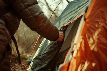 A tourist pitches a tent at a campsite
