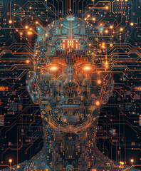 Obraz premium Digital artwork of a robotic human-like face with glowing eyes and circuitry, set against a dark background and surrounded by abstract circuitry. Energy of the mind abstraction