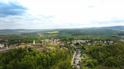 Drone shot captures Bolkow Castle, Poland.