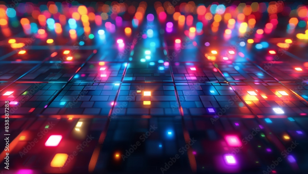 Poster vibrant colorful disco dance floor illuminated with dynamic lights and bokeh effects for a festive p