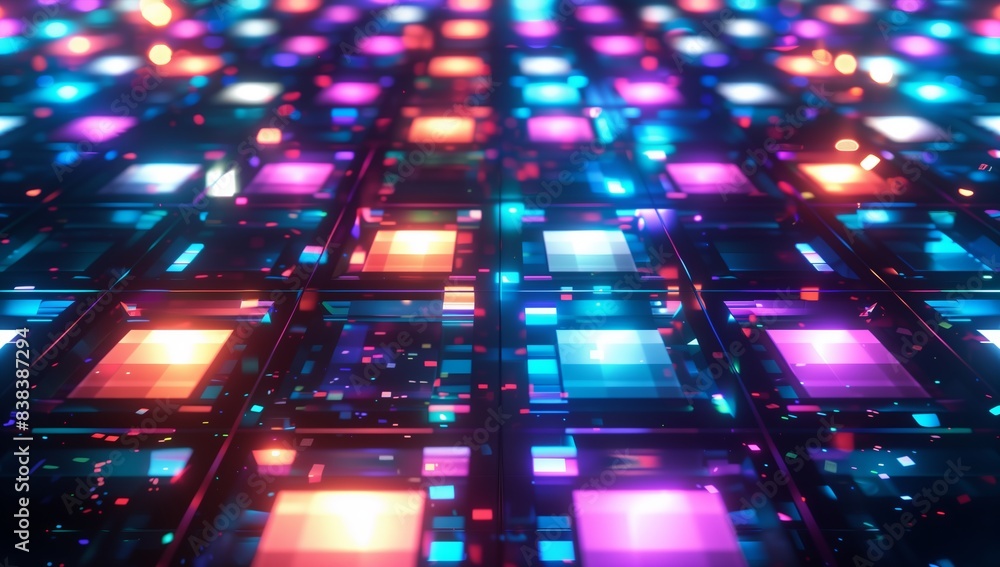 Poster vibrant colorful disco dance floor with multicolored lights and festive bokeh background for a livel