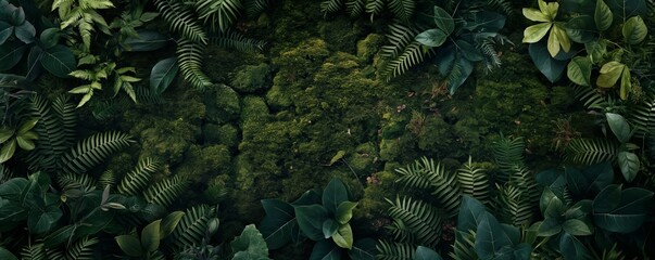 Forest Floor Foliage, Overhead View of Moss, Ferns, and Leaves in Dark Green, Photo Realistic Image © panumas