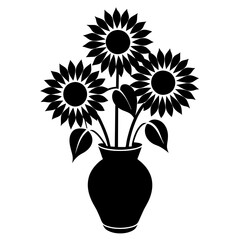 Sunflowers on the vase vector silhouette illustration on white background