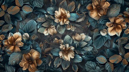 Fototapeta premium Gorgeous fantasy vintage wallpaper with a botanical flower gold leaf bunch and a vintage design for a digital background of flowers, Generative AI.