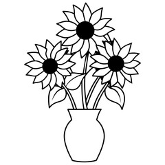 Sunflowers on the vase vector silhouette illustration line art