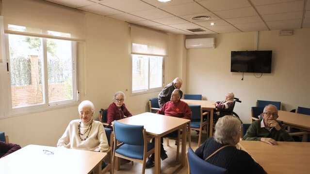 Elderly men and women sitting in nursing home canteen