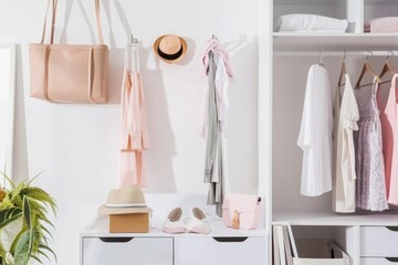 Organized wardrobe with neatly hung clothes, handbags, hats, and accessories. Decorated with pastel colors and natural elements, creating a tidy and elegant storage space