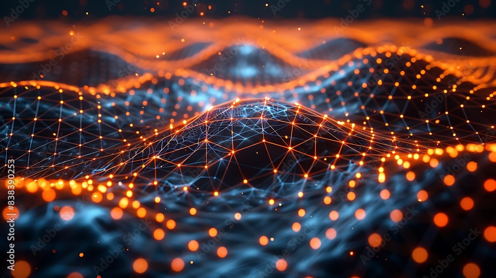 Poster abstract 3d network background featuring glowing orange particles and interconnected blue lines, cre