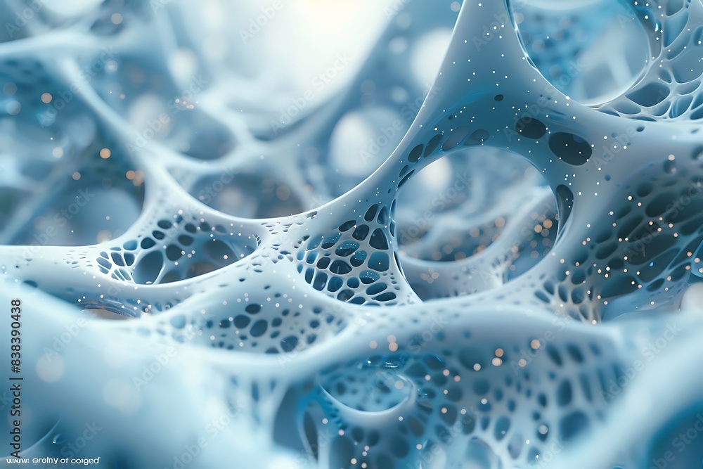 Poster abstract 3d rendering of a blue porous structure with holes and intricate patterns, resembling biolo
