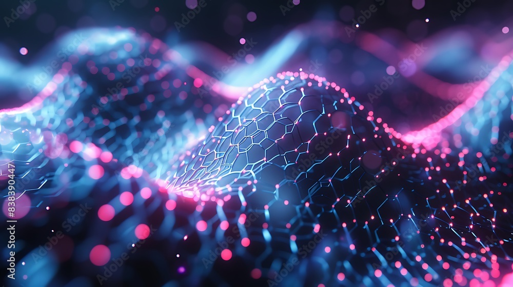 Aufkleber abstract 3d rendering of a colorful, futuristic, digital landscape with neon lights and hexagonal pa