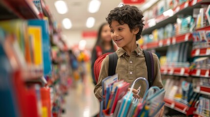  Happy young  child shopping with mom or dad for school supplies at store, back to school shopping, school supplies, binders, notebooks, crayons, pencils