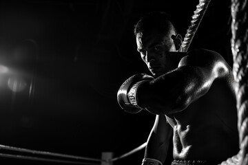 Professional boxer practicing, Sports betting concept, Monochrome portrait of handsome young muscular male boxer training in copy space black background, Boxing man ready to fight black & white photo