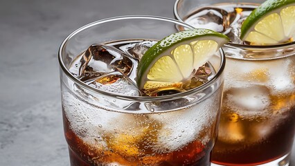 Glasses of refreshing soda drinks with ice cubes and lime on gray background closeup