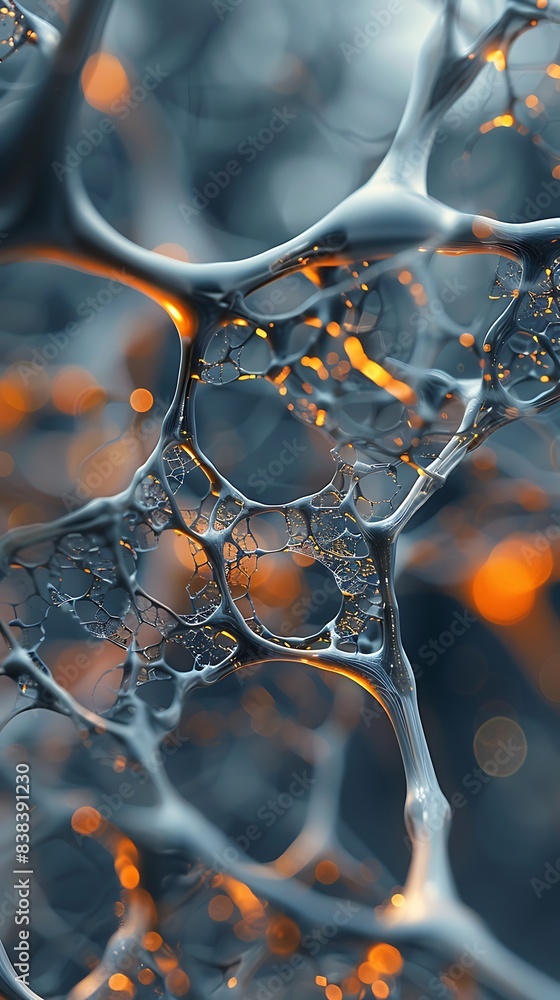 Poster abstract close-up of a complex network pattern with glowing orange highlights, perfect for scientifi