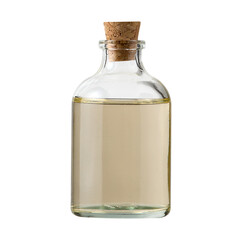 Glass Bottle of oil liquid with cork stopper isolated on white background