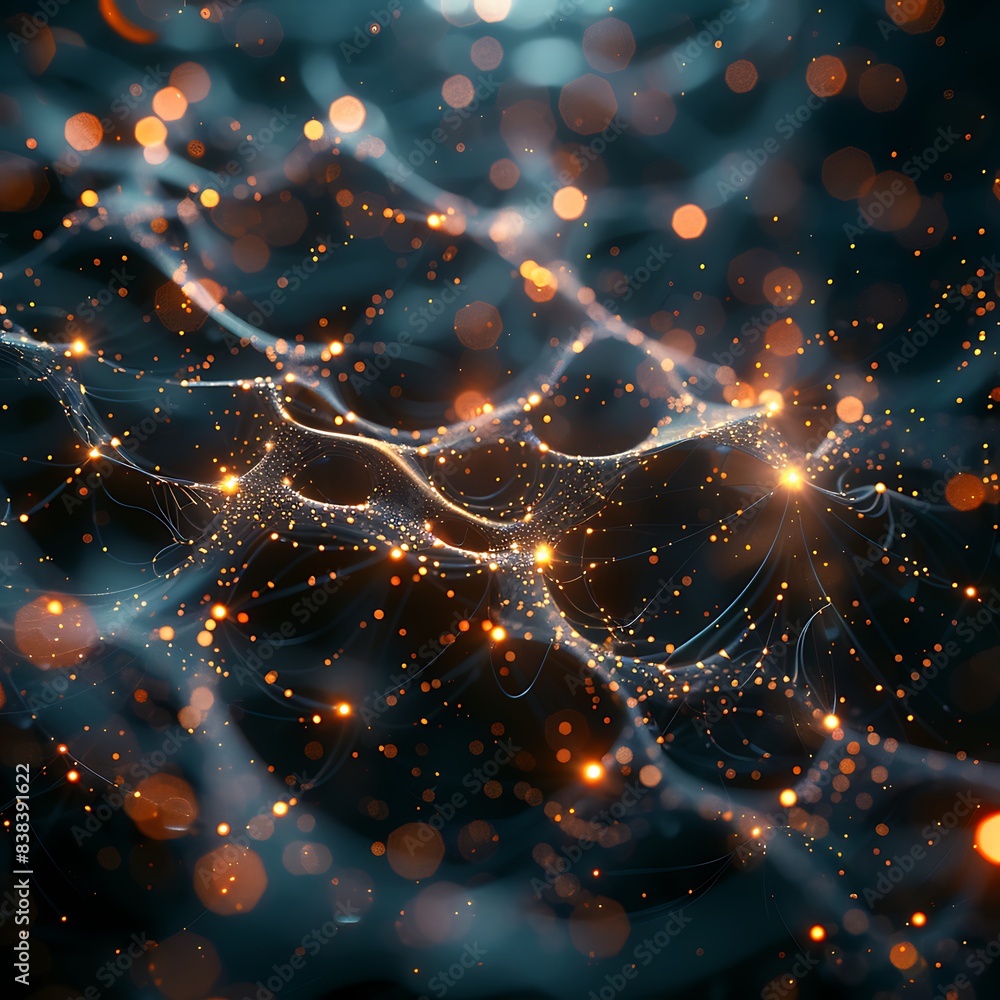 Poster abstract depiction of neural network with glowing nodes, showcasing intricate connections and vibran
