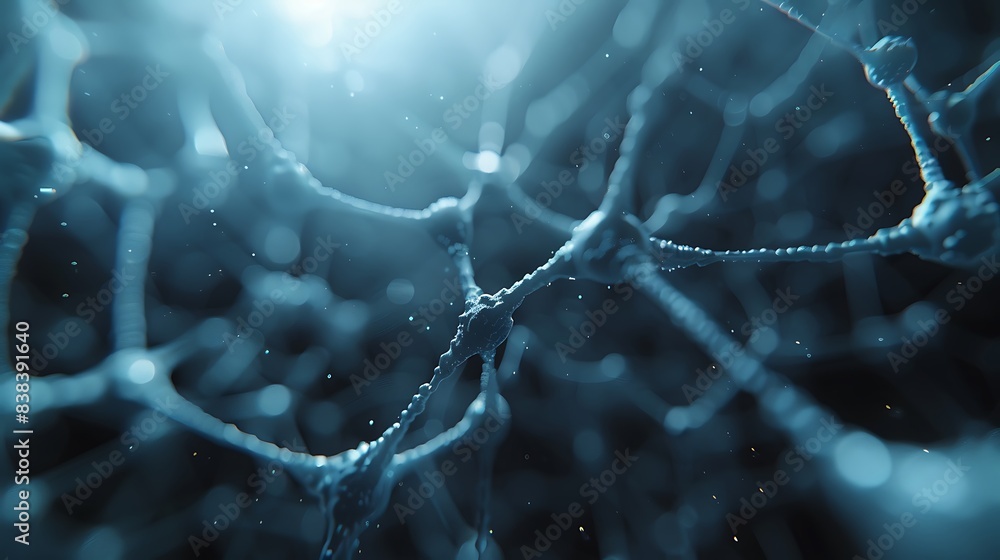 Poster abstract depiction of neurons and neural connections in a blue-toned background, representing brain 