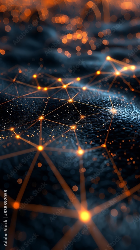 Poster abstract digital background with glowing orange nodes and connected lines on a dark surface, represe