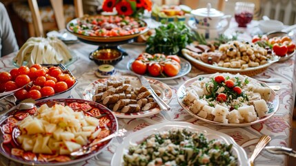 Obraz premium New Year's Celebration with Russian Olivier Salad on a Big Table Generative AI